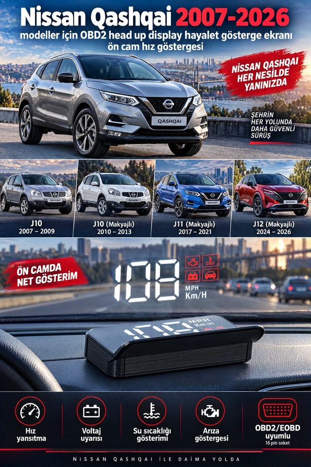 Nissan Qashqai 2007-2026 Modeller İçin Obd2 Head Up Display Hayalet Gösterge Ekranı Ön Cam Hız Göstergesi
