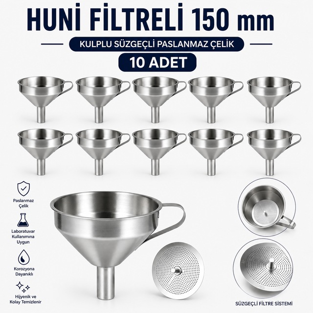 Huni Filtreli 150 Mm - Kulplu Süzgeçli Paslanmaz Çelik 10 Adet