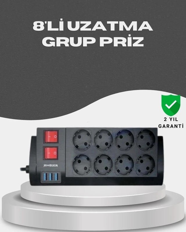Ers Akım Korumalı 8 Li Priz 3 Usb Li Uzatma Kablosu Isıya Dayanıklı 2 Metre