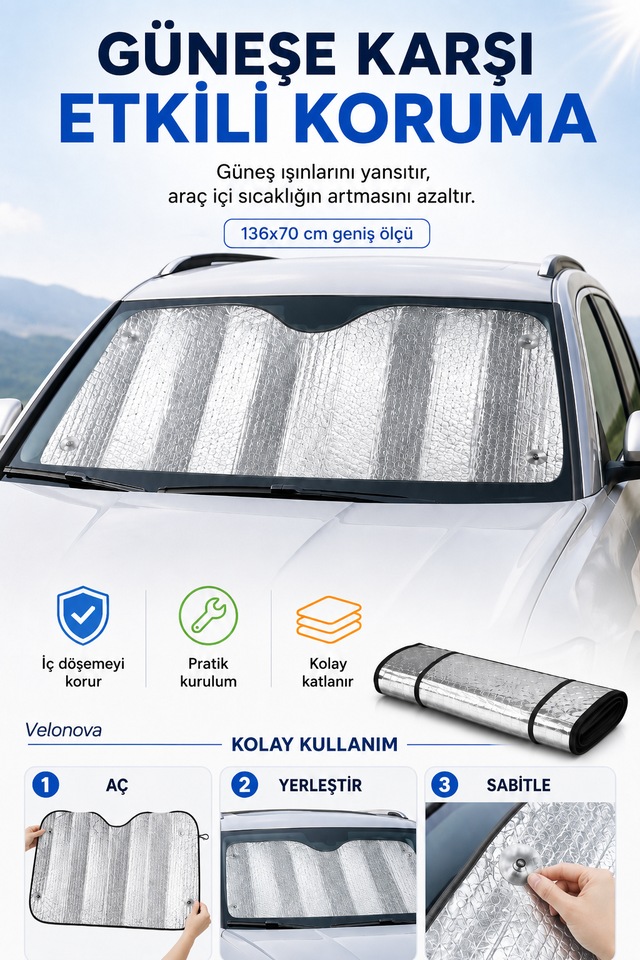 136x70 Cm Araç Ön Cam Güneşliği Katlanabilir Isı Yansıtıcı Oto Koruyucu 136 X 70