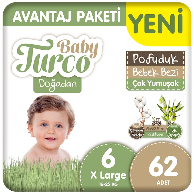 Baby Turco Doğadan Avantaj Paketi Pofuduk Bebek Bezi 6 Numara Xlarge 62 Adet