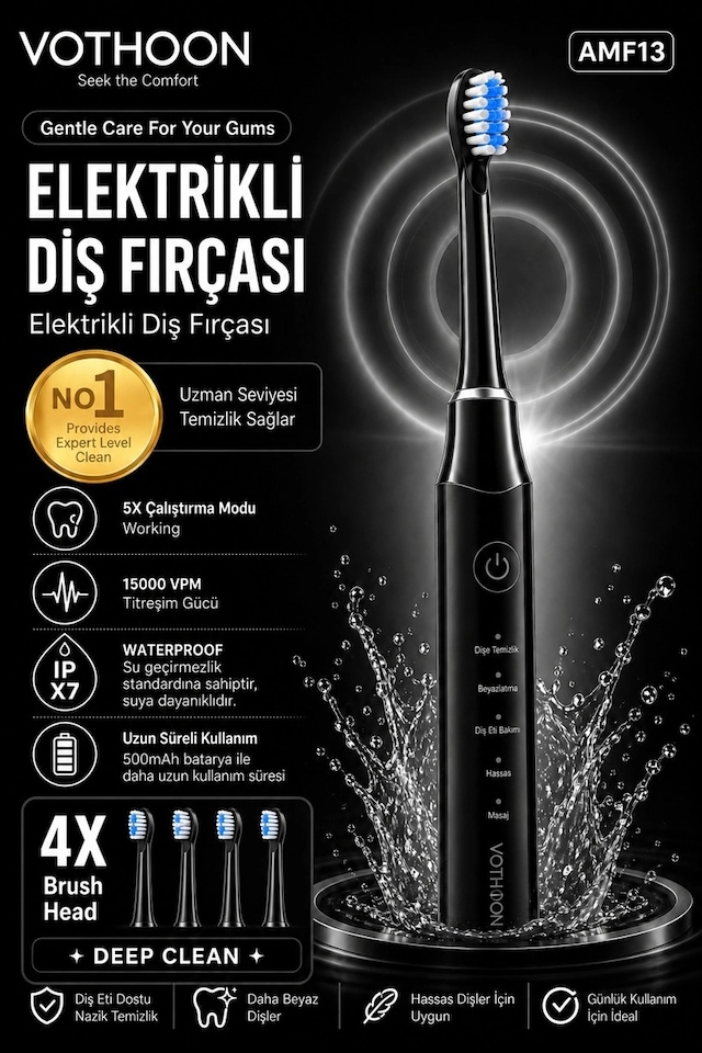 Şarjlı Diş Fırçası 15000 Vpm Titreşim Gücü, 500mah Batarya, 5 Temizlik Modu Siyah