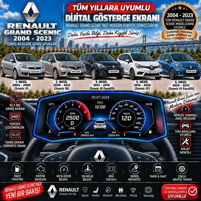 Renault Grand Scenic 2004-2023 Uyumlu Digital Gösterge Odb Ekran Arıza Göstergesi Turbo Gösterge Hayalet Ekran