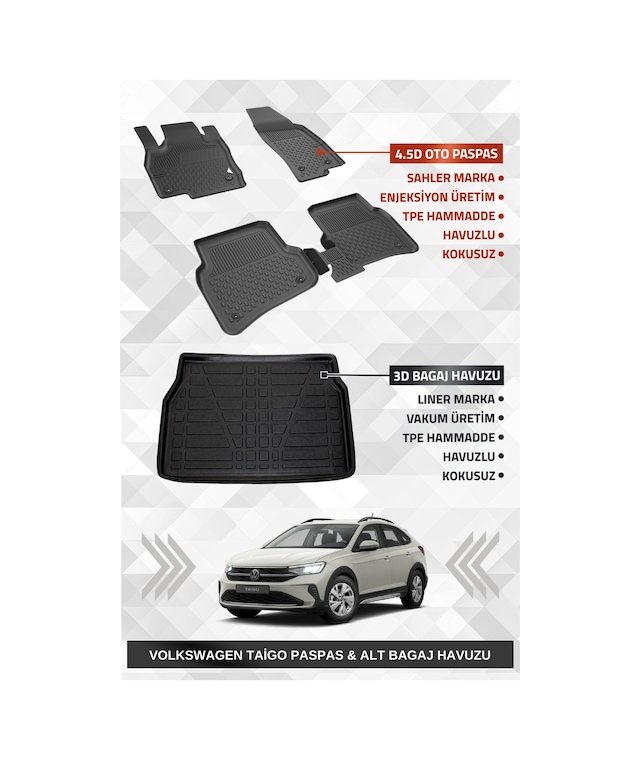 Sahler Volkswagen Taigo 2021+ Uyumlu 4.5d Premium Havuzlu Paspas Ve Liner Marka 3d Alt Bagaj Havuzu
