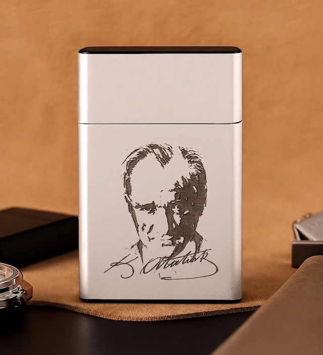 Bk Gift Kişiye Özel Atatürk Silüeti Ve İmzası Baskılı Sigara Kutusu, Metal Sigara Tabakası Siyah