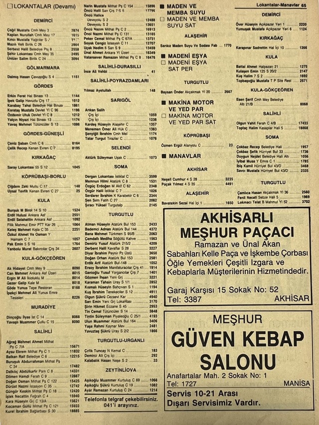 Manisa 1987 Meslek Reklam İlanı Efemera S-65 Teşhir Ürün