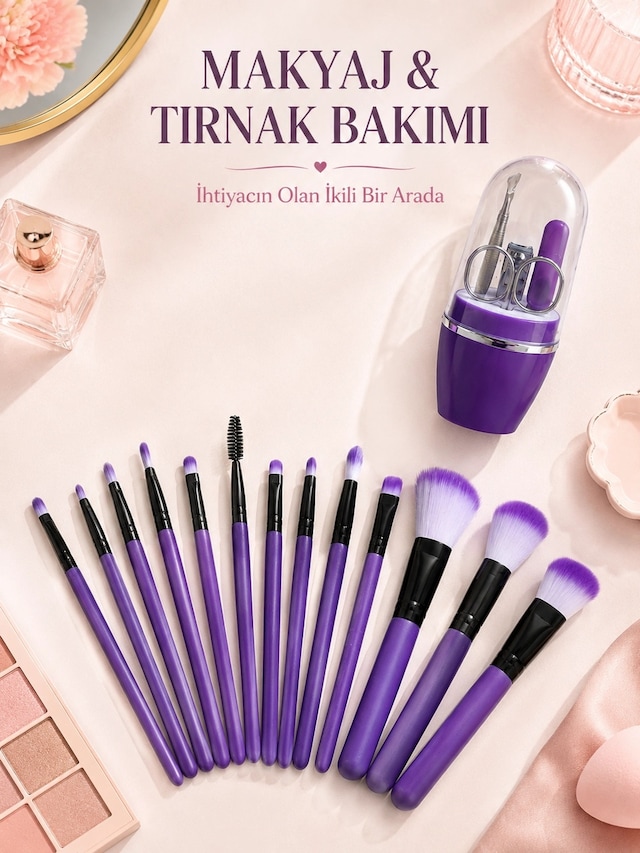 Makyaj Ve Tırnak Bakım Seti 12 Li Mor Makyaj Fırçaları Manikür Pedikür Seti Günlük Kişisel Bakım Pak