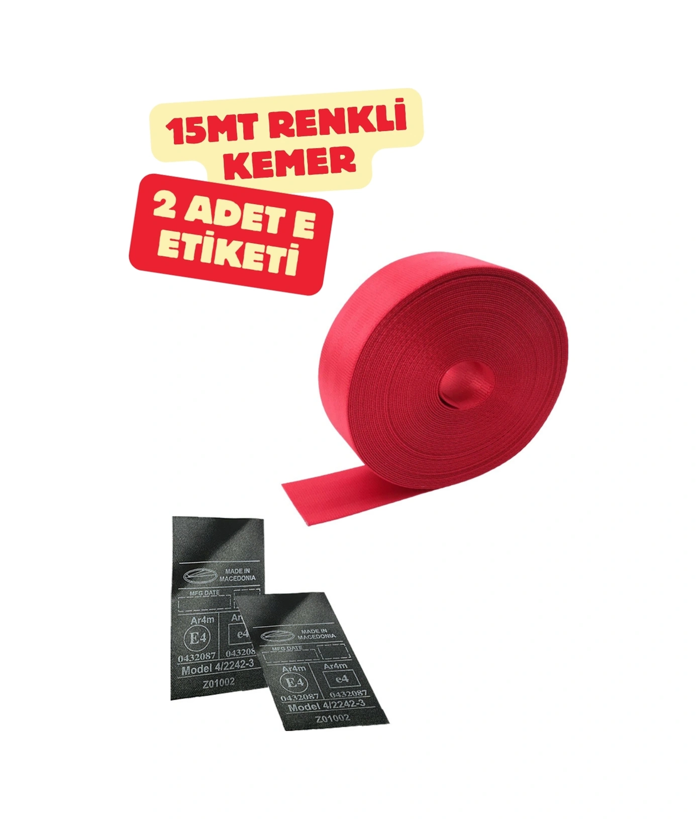 Kırmızı Renk Emniyet Kemeri 15mt. Etiket Hediyeli