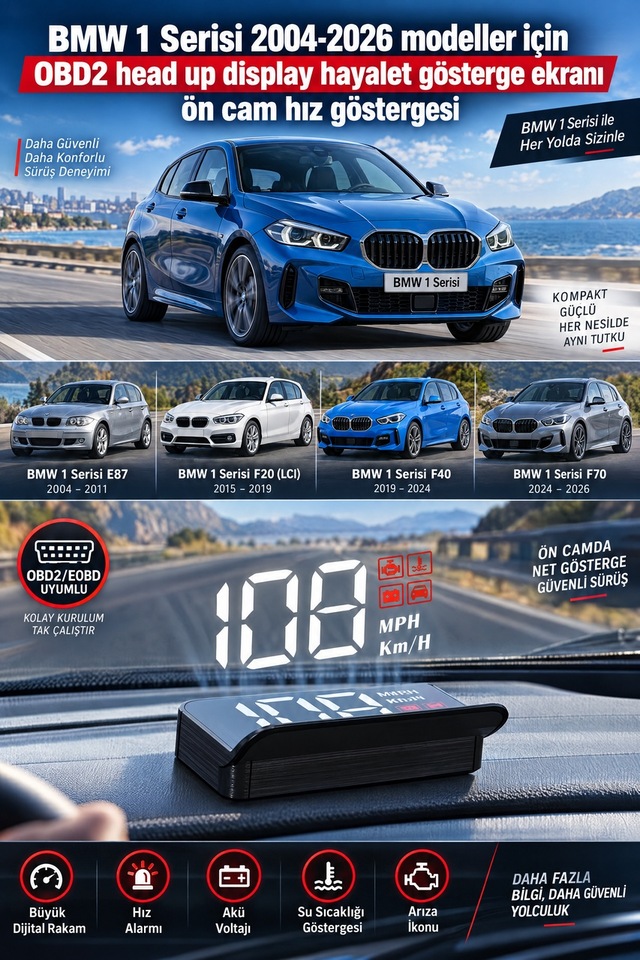 Bmw 1 Serisi 2004-2026 Modeller İçin Obd2 Head Up Display Hayalet Gösterge Ekranı Ön Cam Hız Göstergesi