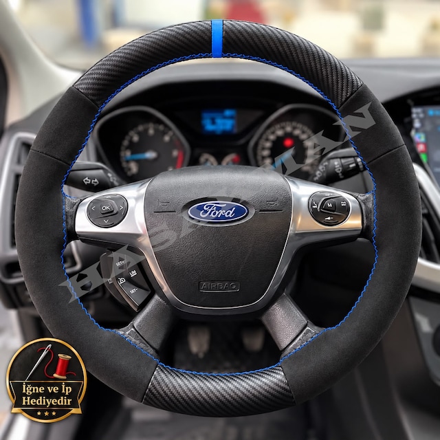 Ford Focus 3 Dikme Direksiyon Kılıfı Alcantara Süet Mat Karbon Mavi Yüzük Ve Dikiş 2011-2018 Siyah