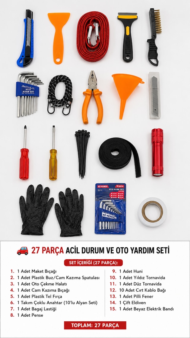 27 Parça Zorunlu Oto Acil Durum Ve Yol Yardım Seti Çekme Halatı Fener Tornavida Pense Alyan Seti
