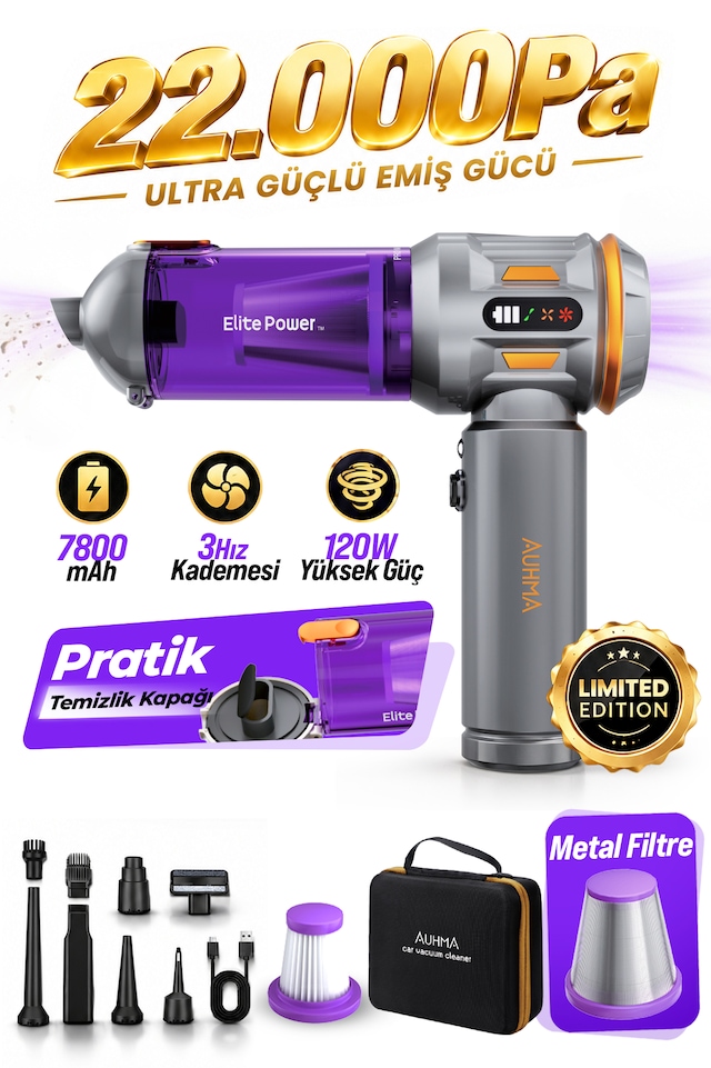 Auhma Ahv-24 Lımıted Edıtıon 22.000pa Brushless Kablosuz Araç İçi Basınçlı Üfleme & Çekme Süpürgesi Gri