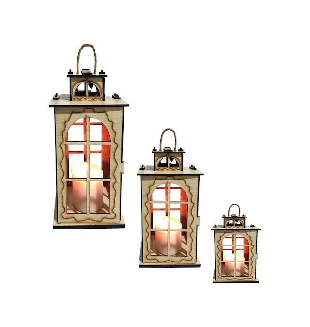 Dekoratif Ahşap 3 lü set Fener Mumluk 20 CM Teşhir Ürün