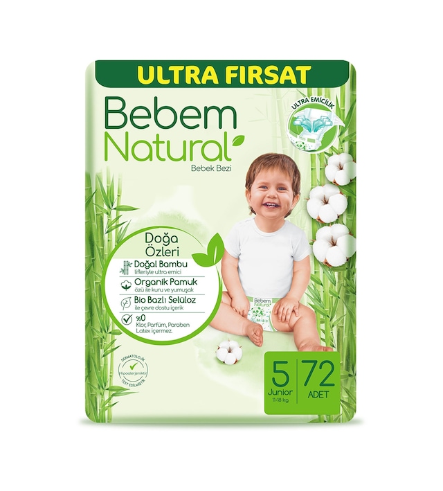 Bebem Natural Bebek Bezi 5 Numara Junior Ultra Fırsat Paketi 72 Adet