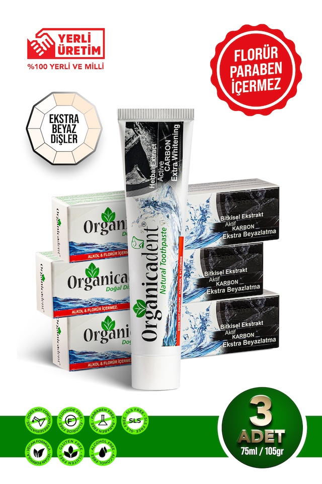 Organicadent Aktif Karbonlu Doğal Diş Macunu 105gr 75ml 3 Adet Beyazlatma