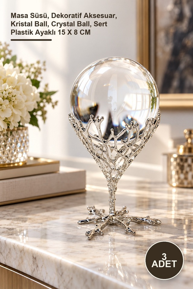 3 Adet Dekoratif Kristal Küre Masa Süsü, Dekoratif Aksesuar, Kristal Ball, Crystal Ball, Sert Plastik Ayaklı 15 X 8 Cm