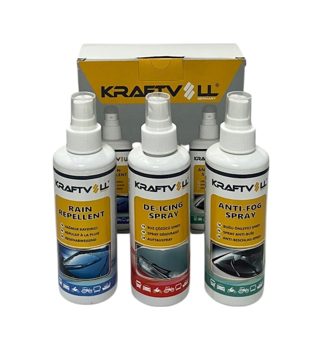 Kraftvoll Buz Çözücü + Yağmur Kaydırıcı + Buğu Önleyici 3'lü Set Sprey 250 Ml. Beyaz
