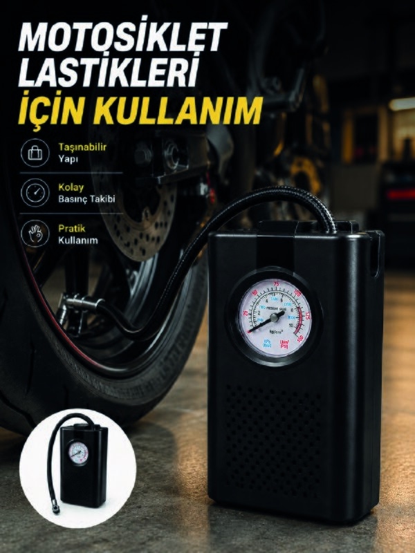 Araç Lastik Şişirme Pompası Taşınabilir Analog Basınç Göstergeli