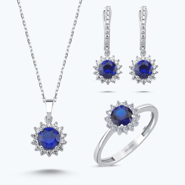 Altınbaş Mavi Taşlı Altın Üçlü Çiçek Set Utkvr0045-24627-set