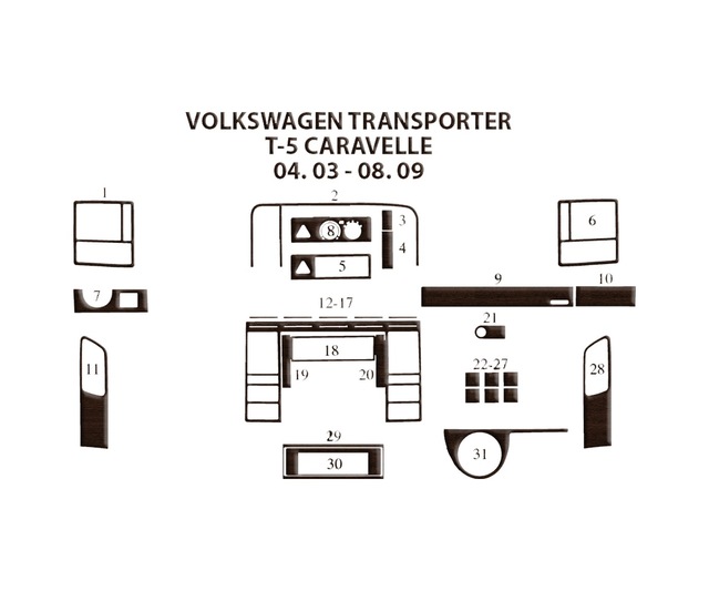 Volkswagen Carevella T5 Torpido Kaplama 2003-2009 31 Parça Koyu Meşe