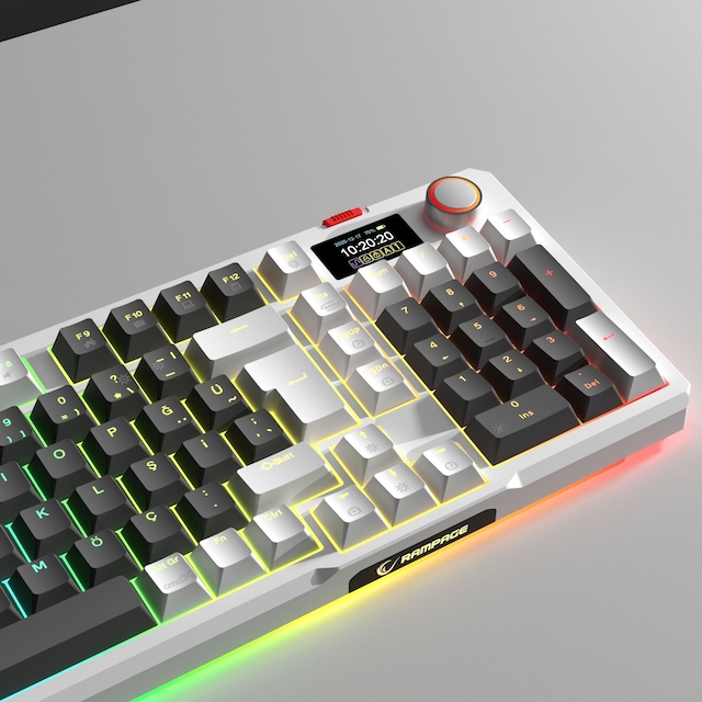 RAMPAGE Loyal Pro 3 BT + 2.4 IPS Ekranlı Red Switch RGB Mekanik Kablosuz Klavye Gri/Beyaz