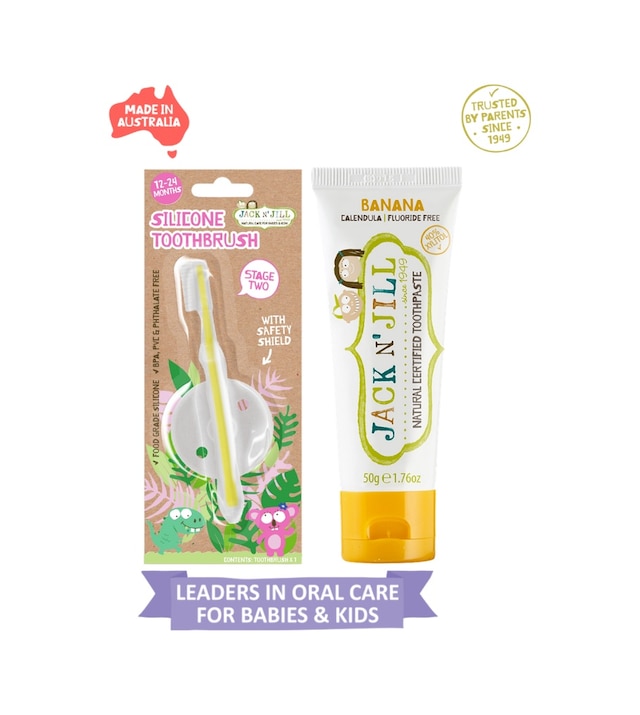 Jack N Jill Bebek Diş Fırçalama Seti Silikon Diş Fırçası + Muz Aromalı Macun 50g