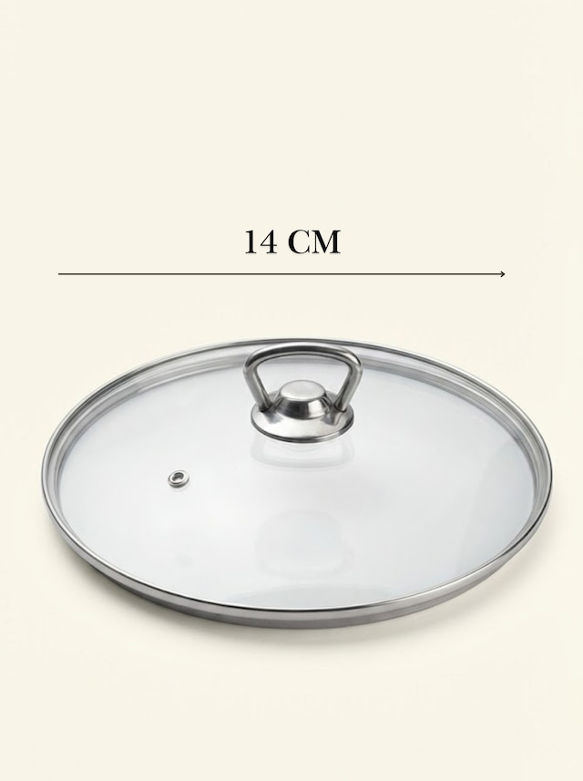 Isıya Dayanıklı Cam Tencere Tava Kapağı - Metal Kulplu Buhar Delikli Yedek Kapak 14 Cm Açık Gri