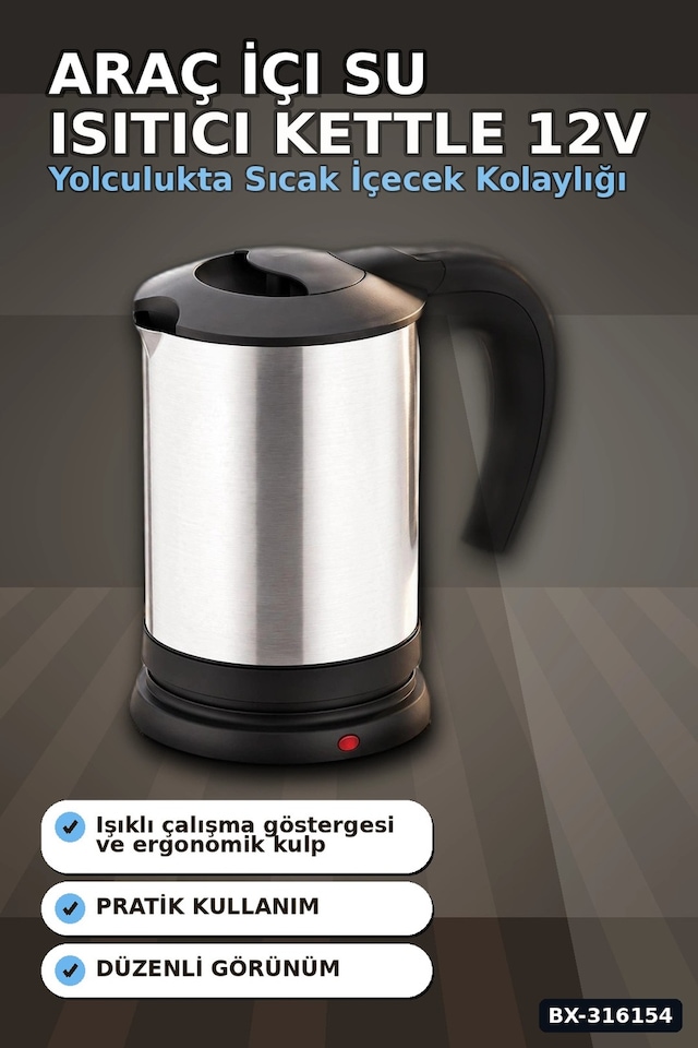 Araç İçi Su Isıtıcı Kettle 12v Çakmaklık Girişli Paslanmaz Çelik Termos Bx-316154