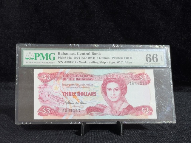 Bahamalar 1974 Nd 1984 3 Dolar Pmg 66 Epq Gem Uncırculated Pıck 44a