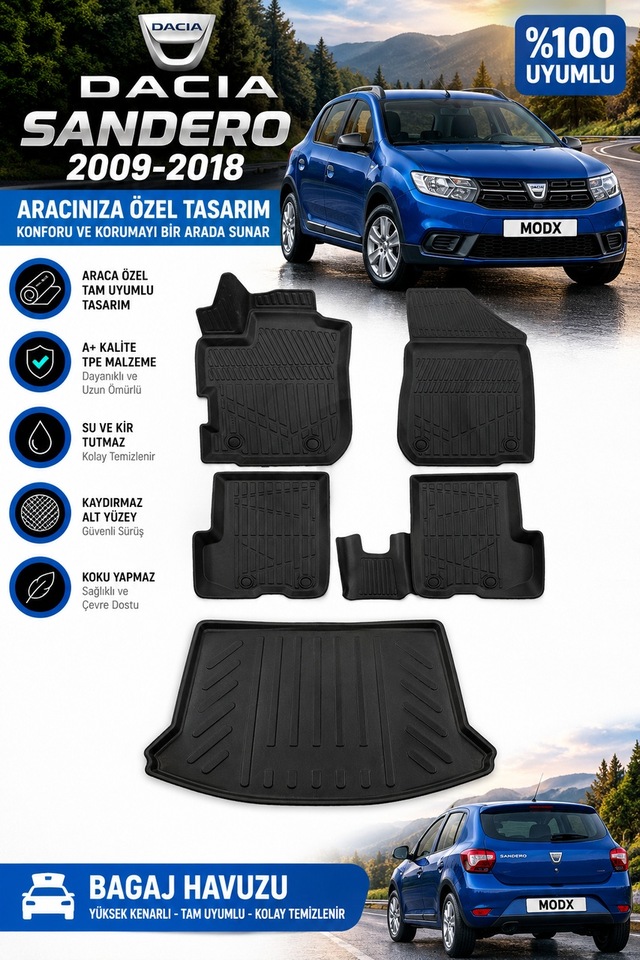 Dacia Sandero 2016 Model Havuzlu Paspas Takımı + Bagaj Havuzu -modx-