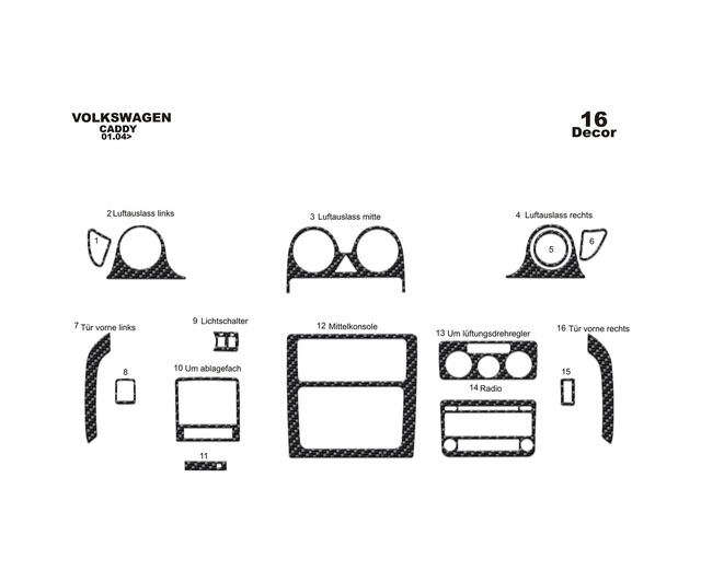 Volkswagen Caddy Torpido Kaplama 2004-2009 16 Parça Karbon