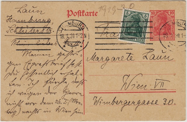 Almanya Hamburg'tan Viyana'ya Postadan Geçmiş Kartpostal 18 Ocak 1920. Teşhir Ürün