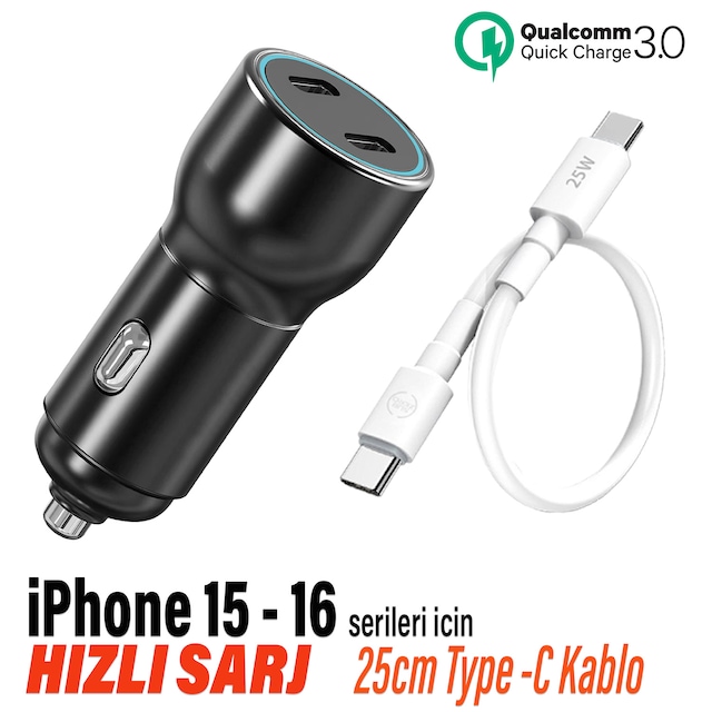 Hızlı Araç Şarj Aleti İphone 15 - 16 Serisi Uyumlu Araba Şarj