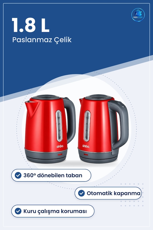 Elektrikli Su Isıtıcı 1.8 L Paslanmaz Çelik Kablosuz Dönebilen