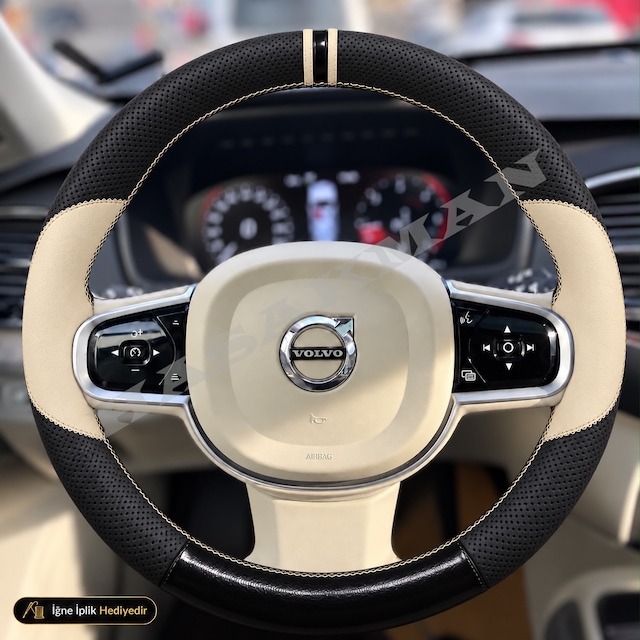 Volvo Xc60 Dikme Direksiyon Kılıfı Delikli Deri Parlak Siyah Bej Detay Çift Yüzük Ve Dikiş Spa Platformu-momentum-ınscription-plus 2017-2026