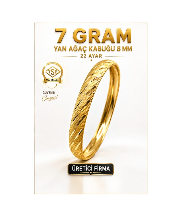 22 Ayar 7 Gram Yan Ağaç Kabuğu Ajda Bilezik 8 Mm Gold Altın Bilezik Düğün Nişan
