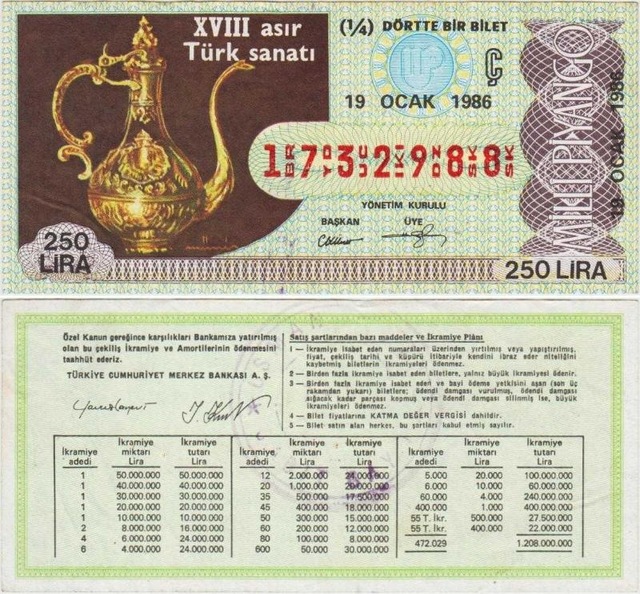 Eski Milli Piyango Bileti 19 Ocak 1986 Çeyrek 1/4 Bilet 250 Lira. Xvııı. Asır Türk Sanatı. Teşhir Ürün