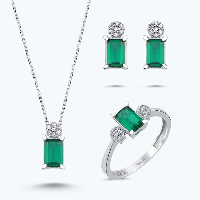 Altınbaş Yeşil Taşlı Altın Üçlü Baget Set Utkvr0046-24627-set