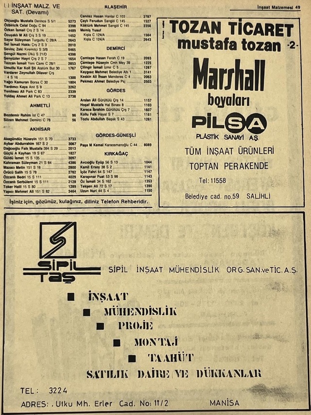 Manisa 1987 Meslek Reklam İlanı Efemera S-49 Teşhir Ürün