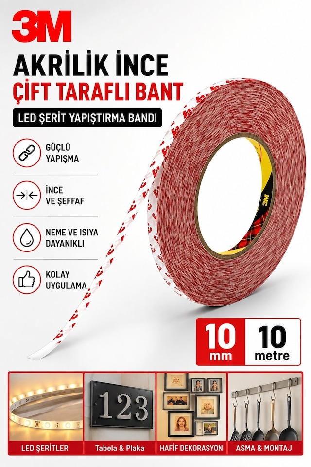 3m Akrilik İnce Çift Taraflı Bant 10mm X 10 Metre Led Şerit Yapıştırma Güçlü Şeffaf Bant 10mm 10 M