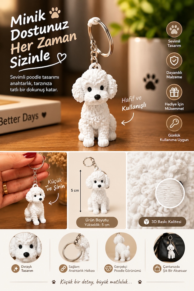 Köpek Figürlü Anahtarlık Sevimli Köpek Tasarımlı Çanta Ve Araba Anahtarlığı Beyaz 3D Baskı