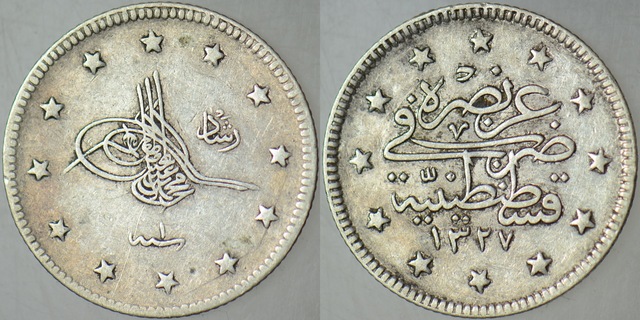 V. Mehmet Reşat Gümüş 2 Kuruş 1327/1 Kostantiniyye Darbı. 92241513