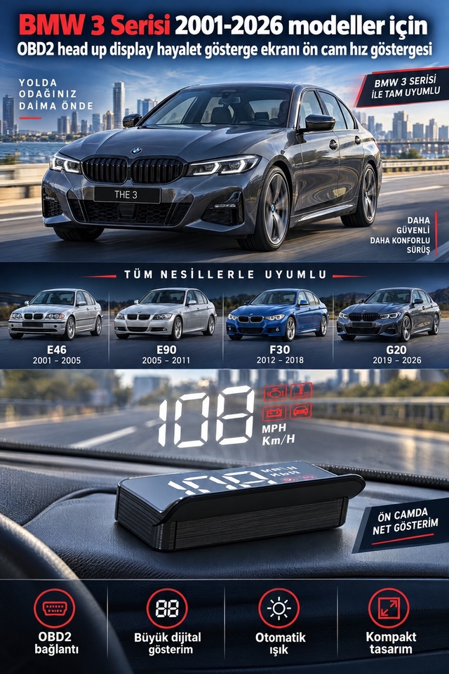 Bmw 3 Serisi 2001-2026 Modeller İçin Obd2 Head Up Display Hayalet Gösterge Ekranı Ön Cam Hız Göstergesi