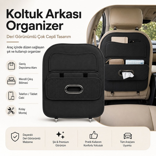 Araç Koltuk Arkası Organizer Deri Görünümlü Çok Gözlü Mendil Çıkışlı Siyah