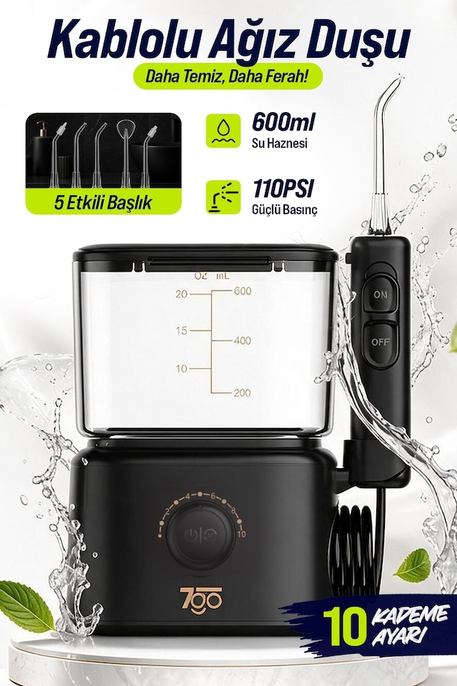 7go 7gmf3 600 Ml Ağız Duşu 110 Psı Güçlü Su Basıncı, 5 Kademeli Ayar, 5 Başlık, 360 Döner Uç, Ipx