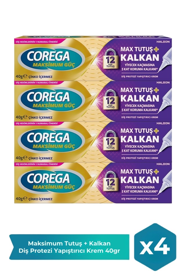 Corega Maksimum Tutuş + Kalkan Diş Protez Yapıştırıcı Krem 40 Gr X 4 Adet