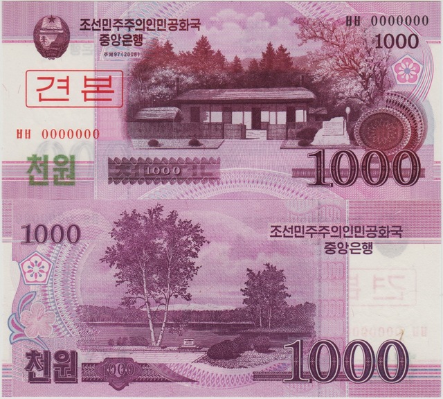 Kuzey Kore 1000 Won 2008 Specimen. Çil Kondisyon.