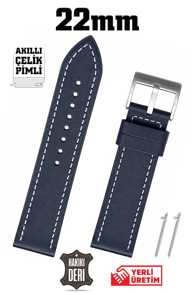 22mm Lacivert Spor Hakiki Deri Saat Kordonu Kayış Akıllı Pimli