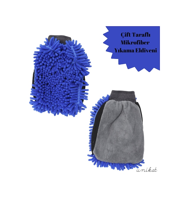 Çift Taraflı Mikrofiber Yıkama Eldiveni - Makarna Ve Sünger Yüzeyli Mavi 1 Adet