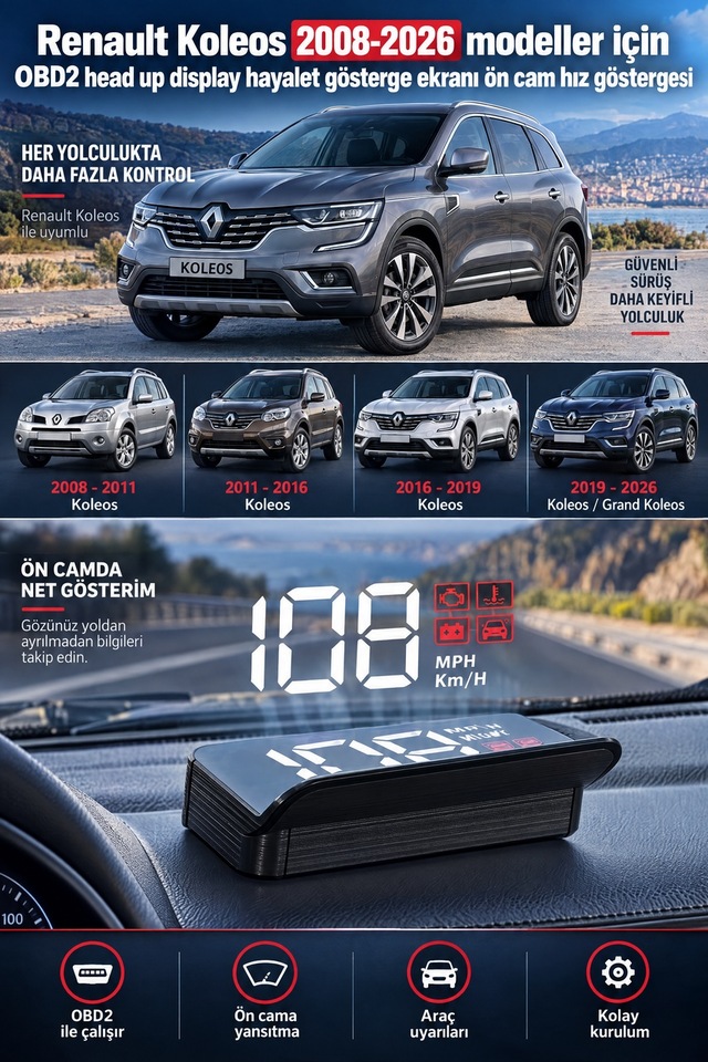 Renault Koleos 2008-2026 Modeller İçin Obd2 Head Up Display Hayalet Gösterge Ekranı Ön Cam Hız Göstergesi